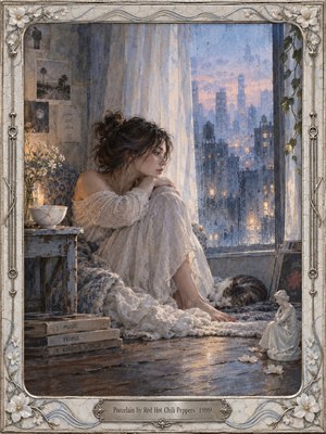 A solitary woman sits curled beside a rain-streaked city window at twilight, surrounded by pale curtains, a sleeping cat, flowers, books, and cracked porcelain. Soft blues, creams, silvers, and amber light create a fragile, melancholy calm. Delicate watercolor and gouache textures blend realism with dreamlike intimacy inside an ornate ceramic frame.