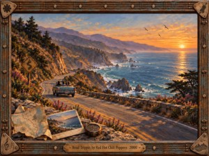 A vintage convertible follows a winding coastal highway above a glowing blue Pacific at sunset, surrounded by rugged cliffs, wildflowers, distant mountains, and soaring seabirds. Warm amber light and cool ocean tones create a reflective, nostalgic mood. Detailed oil-painting textures, travel keepsakes, and a weathered guitar-inspired frame complete the composition.