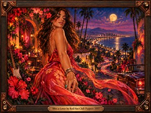 A confident woman in a flowing red dress overlooks a moonlit coastal city from a flower-filled terrace. Warm lanterns, neon accents, palm silhouettes, a guitar, and a classic convertible create a sensual, energetic atmosphere. Rich crimson, gold, violet, and indigo tones glow through detailed painterly textures within an ornate music-inspired frame.