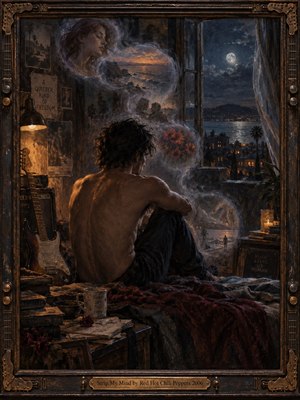 A solitary shirtless man sits in a dim, weathered room overlooking a moonlit coastal city, surrounded by a guitar, papers, flowers, and warm lamplight. Dreamlike memories spiral above him in smoky curves, blending faces, landscapes, and distant figures. Deep blues, amber glow, and painterly textures create intimate melancholy.