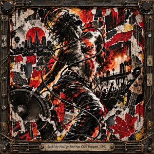 A shirtless performer twists through a gritty urban collage of torn posters, speakers, cables, skyline silhouettes, and a cheering crowd. Black, red, orange, white, and metallic tones create a fierce, sensual mood under harsh stage-like lighting. A distressed industrial frame and engraved title plate complete the raw mixed-media rock aesthetic.