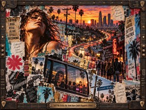 A vivid mixed-media Los Angeles collage follows a glowing sunset boulevard through palm trees, traffic, club lights, and layered urban fragments. Warm oranges, reds, turquoise, and charcoal shadows frame hopeful young figures, torn posters, reflective windows, and guitar imagery, creating an energetic mood of ambition, uncertainty, movement, and possibility.