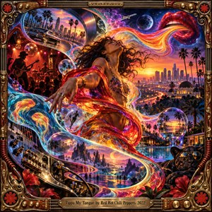 A radiant dancer moves through a psychedelic Los Angeles dreamscape, surrounded by swirling ribbons of red, gold, violet, and cyan light. Sunset skylines, palm trees, musicians, cosmic bubbles, instruments, and reflective water merge into a vibrant surreal composition framed with ornate brass, wood, strings, knobs, and floral details.