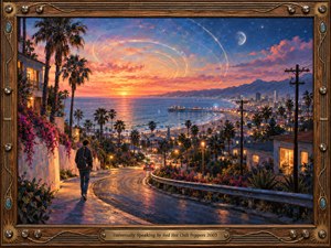 A lone figure carrying a guitar case walks down a winding hillside road toward a glowing coastal city at sunset. Palm trees, ocean reflections, distant lights, and swirling celestial rings create a romantic, expansive mood. Warm coral and gold blend into deep blue beneath an ornate guitar-inspired wooden and metal frame.