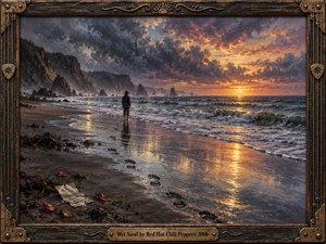 A solitary figure stands on a reflective beach beneath storm-dark clouds breaking into a fiery sunset. Wet sand mirrors amber, violet, and blue-gray light as waves curl toward shore. Expressive oil brushwork, distant cliffs, fading footprints, scattered petals, and a weathered musical frame create a contemplative, bittersweet atmosphere.