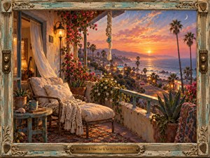 A weathered coastal balcony overlooks a glowing California shoreline at sunset, where a cushioned chair, braided textiles, flowering vines, and a leaning guitar create a tender, nostalgic retreat. Warm coral, turquoise, gold, and violet tones blend through luminous oil brushwork, while palm-lined roads and ocean haze deepen the wistful atmosphere.