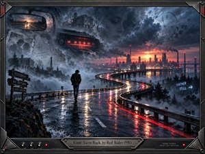 A lone traveler follows a rain-slicked highway curving toward a glowing industrial skyline, surrounded by ghostly memories, storm clouds, a fading clock, radio imagery, and fractured signs. Cool blue-gray tones contrast with crimson and amber reflections, creating a tense, cinematic 1980s atmosphere framed in dark metallic detail.