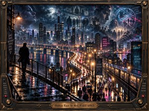 A rain-soaked city glows beneath stormy blue-black skies as crowds, traffic, and a lone observer trace an illuminated urban path. Amber lights, cyan and magenta reflections, ghostly faces, clocks, and distant towers create a tense yet resilient mood. A polished digital painting style blends cinematic realism with subtle surrealism and 1980s atmosphere.