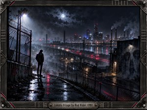A lone figure overlooks a rain-soaked industrial city at night, framed by chain-link fencing, highways, rail yards, smokestacks, and distant towers. Cold blue-gray moonlight, harsh white security lighting, and crimson reflections create a tense, paranoid mood. The cinematic digital artwork combines gritty realism, atmospheric fog, wet textures, and subtle 1980s visual distortion.