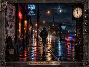 A lone young figure moves through a rain-soaked city street glowing with neon reflections, distant headlights, and flashing police lights. Deep blues, reds, and amber tones create a tense, rebellious midnight mood. Cinematic photographic styling, misty atmosphere, torn posters, a late-night clock, and rugged metal framing reinforce youthful escape.