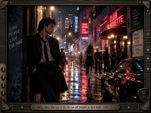 A solitary man leans beneath neon lights on a rain-soaked city street, watching nightlife unfold through mist, reflections, and shadow. Red and blue signs glow across wet pavement, while clubgoers and a sleek car animate the scene. Cinematic analog photography, dark metallic framing, and smoky lighting create restless 1980s tension.