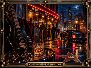 A glossy black bass guitar dominates a rain-soaked 1980s nightclub scene, surrounded by red velvet, sunglasses, and a crystal tumbler. Amber lights and crimson neon illuminate silhouetted patrons, a vintage car, and distant skyscrapers beneath a moonlit sky. Ornate gold musical framing and an engraved title plate complete the cinematic composition.