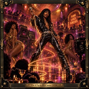A commanding funk singer in glossy black leather grips a microphone beneath a glittering disco ball, flanked by gold-clad dancers and towering speakers. Amber light trails spiral across a reflective nightclub floor amid violet haze and cheering silhouettes. The richly detailed digital artwork glows within an ornate brass-and-black musical frame.