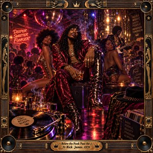A charismatic funk performer lounges between glittering dancers inside a smoky underground nightclub. Crimson satin, golden reflections, purple neon, and mirrored disco lights create a sultry, exuberant atmosphere. Musicians, vinyl records, and swirling smoke enrich the detailed digital painting, enclosed within an ornate bronze and wood musical frame.