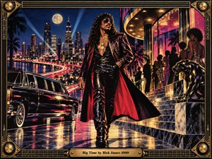A flamboyant funk star strides confidently through a glamorous nighttime city, wearing shimmering black leather and a flowing red coat. Neon reflections illuminate a luxury limousine, glittering nightclub, and distant skyline beneath a full moon. Rich magenta, gold, and midnight blue tones enhance the dramatic screenprint artwork, enclosed in an ornate metallic frame.