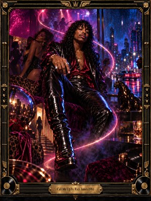 A charismatic funk figure in gleaming black leather lounges inside a neon nightclub overlooking a rain-soaked city. Magenta light curves through violet smoke, illuminating dancers, mirrored surfaces, velvet furnishings, and a panther sculpture. Cinematic digital artistry captures seductive nightlife within an ornate black-and-gold musical frame with an engraved title plate.