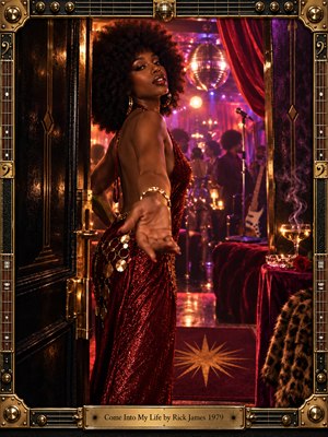 A glamorous woman in a sparkling crimson dress reaches toward the viewer from a brass-trimmed doorway, inviting entry into a smoky 1970s nightclub. Magenta, amber, and violet lights illuminate a disco ball, velvet curtains, and shadowy dancers. Cinematic photographic realism and an ornate instrument-inspired frame heighten the seductive atmosphere.