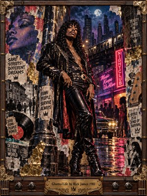 A flamboyant funk musician in glossy black leather commands a rain-soaked city street beneath a moonlit skyline. Neon pink signs, an elevated train, vintage car, and weathered posters surround him. Rich purples, crimson, and gold illuminate the gritty urban mixed-media collage, enclosed within an ornate wood-and-brass musical frame.