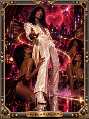 A charismatic funk performer in a gleaming white suit commands a smoky disco club, surrounded by glamorous dancers and silhouetted musicians. Crimson and magenta lights flare around a neon heart and mirrored disco ball, while golden reflections illuminate the floor. This lavish digital illustration glows within an ornate brass musical frame.