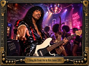 A charismatic bassist in glossy black leather points toward the viewer while gripping a white electric bass. Behind him, dancers move beneath a mirrored disco ball in a smoky nightclub glowing with violet, magenta, and amber lights. A city skyline shimmers beyond the crowd, while an ornate black-and-gold instrument-inspired frame adds vintage funk glamour.