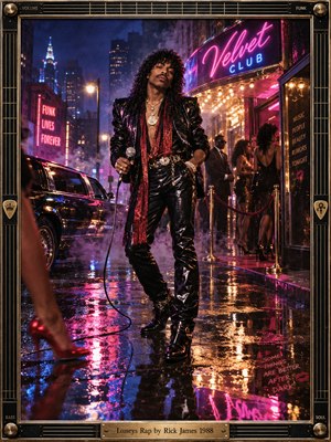 A charismatic funk performer stands confidently outside a glamorous 1980s nightclub, surrounded by neon signs, shimmering pavement, and fashionable nightlife figures. Magenta, violet, and electric blue reflections illuminate the rain-soaked street. Cinematic photography captures swagger and intrigue, while an ornate black-and-gold musical frame completes the vibrant composition.