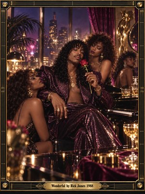 A charismatic musician in a shimmering plum suit lounges beside a grand piano, holding a red rose as glamorous companions surround him. Golden lamplight and magenta city reflections illuminate a luxurious penthouse. Cinematic photography, velvet curtains, sparkling glassware, and an ornate black-and-gold musical frame capture late-eighties romance and sophistication.