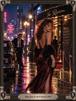 An elegant woman in a shimmering burgundy gown turns beneath neon outside a glamorous 1980s nightclub, while a distant suited man lingers beside a black luxury car. Rain-slick pavement mirrors magenta, blue, and gold light. Cinematic photographic styling, soft grain, chrome details, guitar-themed framing, and a brushed title plate create wistful romantic tension.