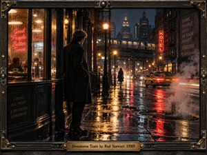 A solitary man waits on a rain-soaked downtown street, watching a distant woman beneath glowing elevated tracks. Amber lamps, red neon, wet pavement, passing traffic, and drifting steam create a wistful nocturnal mood. Cinematic photographic realism, deep perspective, urban reflections, and an ornate metal frame evoke longing and late-1980s city romance.