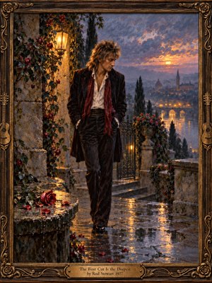 A solitary 1970s-styled man walks across a rain-slick stone terrace above a glowing riverside city at twilight. Crimson roses, scattered petals, climbing vines, and warm lantern light contrast with cool blue-violet skies. Rich oil-paint textures, reflective paving, ornate architecture, and a carved guitar-accented frame create a wistful, romantic mood.