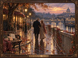 A mature couple strolls arm in arm along a rain-slick riverside promenade at sunset, surrounded by autumn leaves, glowing lamps, roses, and distant domes. Warm amber reflections contrast with blue-gray evening shadows, creating a tender, nostalgic mood. Rich oil-painting textures and an ornate musical frame enhance the romantic atmosphere.