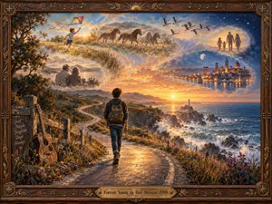 A young traveler walks a winding coastal road toward a radiant sunset, surrounded by dreamlike memories of childhood, family, horses, birds, and distant city lights. Warm golds blend into deep evening blues, creating a hopeful, nostalgic mood. Rich oil-paint textures, glowing skies, wildflowers, ocean spray, and an ornate musical frame complete the scene.
