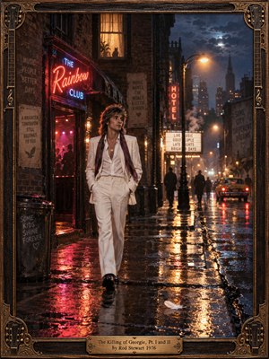 A young man in a white 1970s suit walks alone along a rain-slicked city street, glowing beneath neon signs and amber lamps. Wet pavement reflects crimson, gold, and blue light while distant figures, a taxi, brick facades, and a white feather create a bittersweet cinematic mood within an ornate bronze frame.