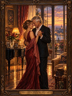 A mature couple shares a tender slow dance in an elegant room overlooking a glowing sunset cityscape. Warm amber light from candles, lamps, and the sky reflects across polished floors, surrounding deep burgundy, gold, and dusky blue tones. Rich oil-paint texture, roses, framed memories, and an ornate musical frame heighten the romantic atmosphere.