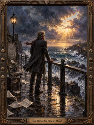 A solitary older man stands on a rain-swept coastal promenade, facing stormy seas and a distant lighthouse as golden sunlight breaks through dark clouds. Expressive oil brushwork, deep blues, bronze tones, wet reflections, scattered papers, and an ornate guitar-inspired frame create a dramatic mood of endurance, hope, and renewal.