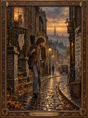 A young musician walks a rain-slicked cobblestone street beneath glowing lamps and an autumn sunset, carrying a guitar case through a misty 1970s city. Warm browns, golds, and muted blues create a wistful mood. Rich oil-paint textures, falling leaves, distant figures, and a shadowed woman in a window deepen the bittersweet atmosphere.
