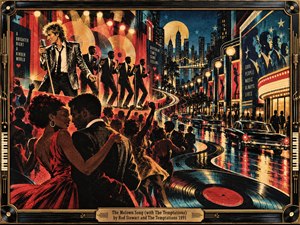 A glamorous soul-night celebration unfolds across a neon city boulevard, where a charismatic singer, synchronized vocal group, dancing couples, vintage cars, and spinning records merge into rhythmic motion. Crimson, teal, gold, and black glow under theatrical lights, while halftone screen-print textures, wet reflections, and an ornate musical frame evoke joyful Motown nostalgia.