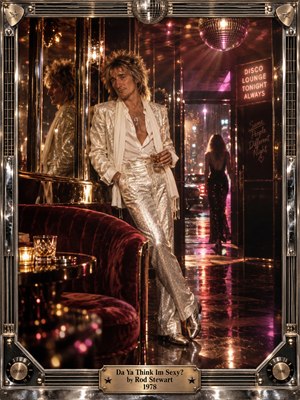 A glamorous blond rocker in a shimmering silver suit leans beside mirrored panels in a late-1970s disco lounge. Burgundy velvet, chrome, glowing amber drinks, magenta neon, and a distant woman framed by rainy city lights create a seductive, reflective mood. Cinematic analog photography, soft haze, disco balls, glossy reflections, and an ornate music-inspired metal frame complete the scene.