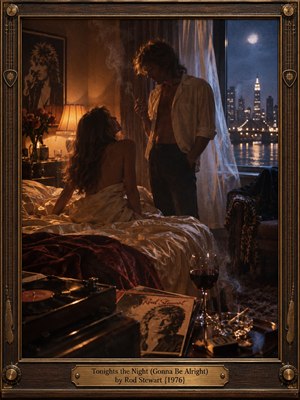 A cinematic 1970s bedroom scene captures a couple in intimate conversation beside a moonlit city window. Warm amber lamplight contrasts with cool blue night tones, illuminating rumpled sheets, drifting smoke, wine, vinyl records, and vintage furnishings. A dark carved wood and brass frame completes the nostalgic, sensual photographic composition.