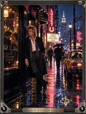 A solitary rock star leans against a rain-darkened city doorway while couples drift through neon-lit nightlife around him. Wet pavement mirrors red, blue, and amber light, creating a wistful, cinematic 1980s atmosphere. A yellow taxi, glowing signs, distant skyscrapers, and metallic guitar-themed framing deepen the mood of romantic isolation.