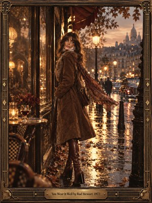A stylish woman in a brown fur-trimmed coat stands on a rain-glossed Parisian street at dusk, her patterned scarf drifting behind her. Warm amber lamps, autumn leaves, reflections, vintage cars, and a distant basilica create nostalgic romance. Cinematic 1970s photographic styling, sepia tones, soft glow, and an ornate guitar-inspired frame complete the scene.