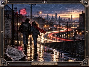 Two young figures hurry hand in hand along a rain-soaked urban overpass toward a glowing city skyline. Long red and white light trails curve through the industrial landscape, reflecting across wet pavement. Cool blue-gray tones, warm streetlights, neon signs, windblown clothing, and a detailed rock-inspired frame create a cinematic 1980s mood.