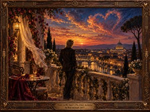 A solitary figure overlooks a glowing riverside city at sunset from a flowered stone terrace, surrounded by roses, candlelight, and flowing fabric. Rich amber, burgundy, and midnight blue tones create a romantic, reflective mood. Painterly brushwork, ornate framing, musical details, and luminous clouds give the scene nostalgic grandeur.