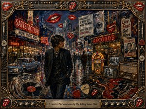 A brooding 1960s rocker walks through a rain-slick neon city crowded with record shops, advertisements, televisions, and glowing storefronts. Deep blues, black, chrome, amber, and vivid red lips create a restless, rebellious mood. Textured oil-paint brushwork, swirling vinyl imagery, broken guitar details, and an ornate musical frame intensify the sense of dissatisfaction.
