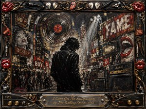 A solitary dark figure stands amid a chaotic nighttime city of glowing advertisements, crowds, amplifiers, and a swirling vinyl record. Gritty acrylic textures in black, crimson, silver, and aged gold create restless tension. Dramatic spotlights cut through the scene, while ornate chrome, red lips, guitar details, and engraved framing amplify the rebellious rock atmosphere.