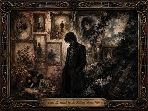 A solitary dark-clad figure stands amid fading portraits, wilted roses, vinyl records, and a shadowed electric guitar, surrounded by distressed vintage frames. Sepia browns, charcoal blacks, muted gold, and dusty rose create a mournful atmosphere. Dramatic low lighting, splattered textures, and layered painterly details evoke grief, memory, and brooding nostalgia.