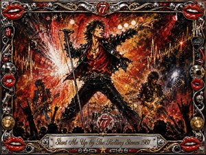 A fiery rock concert erupts around a commanding singer gripping a microphone and pointing into the crowd, flanked by electric guitarists and a pounding drum kit. Explosive reds, oranges, black, and chrome dominate the textured painted scene, while dramatic stage lighting, raised hands, metallic ornamentation, red lips, and gold inlay create rebellious energy.