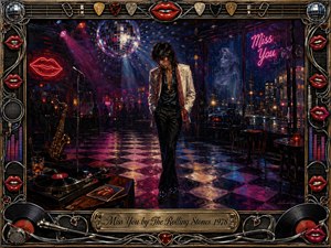 A lone, elegantly dressed figure crosses a rain-lit 1970s nightclub, surrounded by neon magenta, electric blue, and amber reflections. A mirror ball, saxophone, turntable, ghostly window reflection, and glowing red lips deepen the mood of longing. Rich acrylic textures and an ornate music-themed frame create dramatic, nostalgic atmosphere.