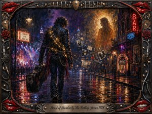 A weary musician walks a rain-soaked city street after a concert, carrying a battered guitar case as glowing strings of light and drifting memories surround him. Deep blues, purples, reds, and amber reflections create a soulful nocturnal mood, while neon signs, a ghostly woman, musical fragments, and an ornate rock-themed frame enrich the painterly composition.