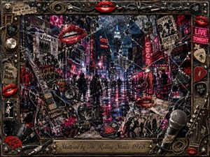 A shattered neon cityscape pulses with late-1970s rock energy, crowded by wet streets, shadowy figures, torn posters, guitars, microphones, records, and glowing red lips. Deep blues, blacks, crimson, and hot pink reflections create a restless nighttime mood, while fractured collage textures and a riveted music-themed frame intensify the gritty urban atmosphere.