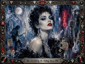 A glamorous, icy woman dominates a textured rock-and-roll collage, her pale skin, smoky eyes, and vivid red lips glowing against frosted blues, silvers, and black. Moonlight, neon, guitars, vinyl, and a vintage microphone deepen the cool, seductive mood, while an ornate metallic music-themed frame completes the dramatic mixed-media composition.